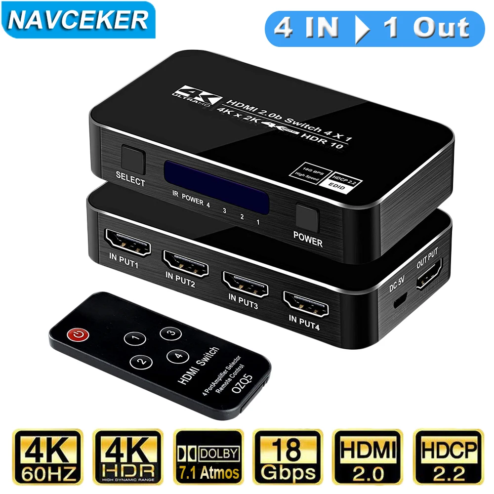 Navceker Remote HDMI Switcher 4K 60Hz 4 Port HDMI Switch 4 Eingang 1 Ausgang HDMI Splitter Automatischer Switch für PS5 XBox Laptop Image