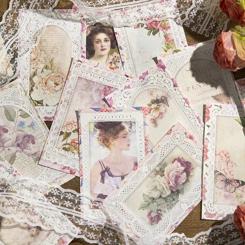 50 Stück literarische Schmetterlings-Blumenrandung, handgeschriebenes dekoratives Trägerpapier, Notiz-Notizblock, Spitze, klassisches Mädchen, Tier, 6 Auswahlmöglichkeiten Image