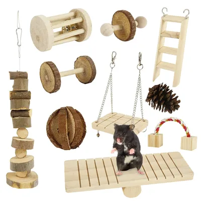 Hamster Toys Set Rabbit Mouse Natural Small Animal Wood Guinea Pig Toys Teeth Cleaning Molar