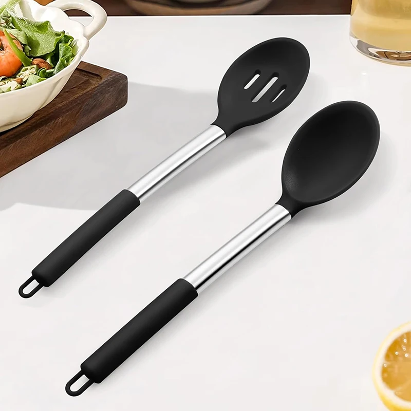 Kit de cuillères de cuisine en Silicone avec poignée en acier inoxydable, ensemble de cuillères à mélanger pour salade, outils de cuisine antiadhésifs, ustensiles de cuisine 2 pièces