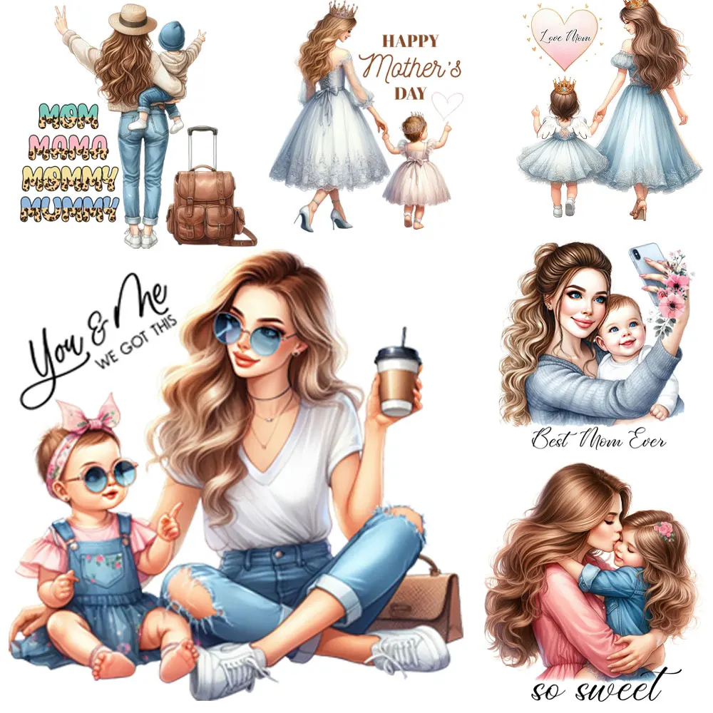 Trasferimento termoadesivo per mamma e bambino per abbigliamento T-shirt lavabili di livello A fai da te Adesivi termici T-shirt per la festa della mamma Toppe e toppe Appliques