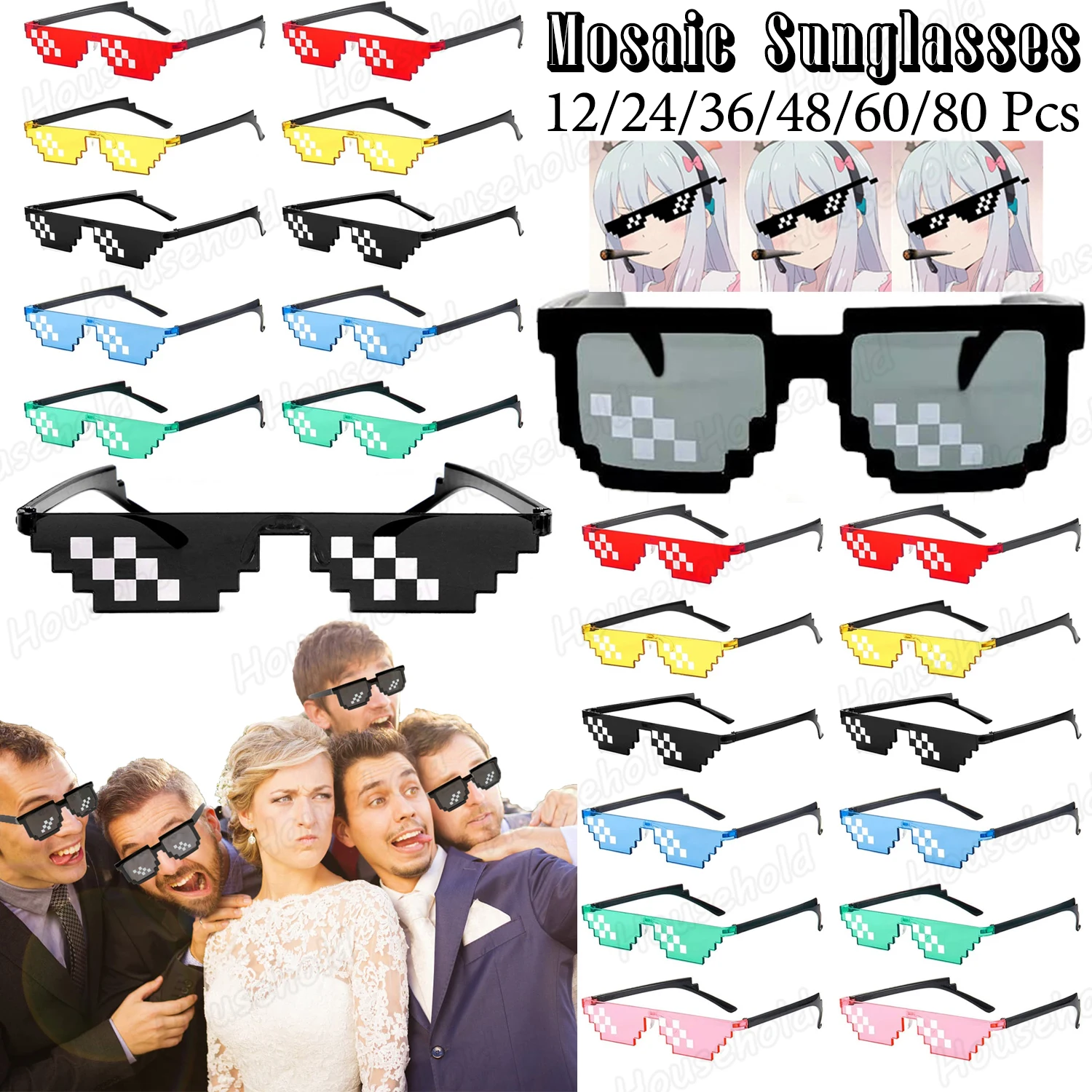 12-80 pezzi occhiali da sole a mosaico Thug Life occhiali da sole per feste occhiali pixel multicolori decorazioni per addio al celibato occhiali divertenti per bomboniere