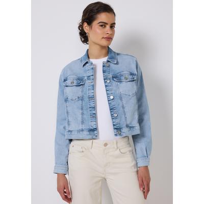 Jeansjacke STREET ONE STUDIO, Damen, Gr. 46, blau (bleach wash), Jeans, 82% Baumwolle, 15% Polyester, 3% Elasthan, unifarben, casual, normal normal, V-Ausschnitt, Langarm abgesteppt, Jacken, mit Brusttasche Image