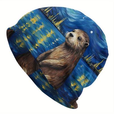 TEMU Biihudu Starry Night Otter Beanie Hat - Van Gogh-inspired , Funky Unisex Thin Stretchy Cycling Cap For , Casual Outdoor Hat, Cycling Hat, Comfortable Headgear, Design, Durable Knit Construction Image