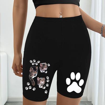 TEMU Women's Casual Shorts With Cute Cartoon Cat & Paw - Red, Breathable, Lightweight, , Casual Wear| Print| Image