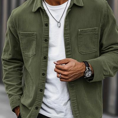 TEMU Men's Casual Corduroy Button-up Shirt With Chest Pocket - Long Sleeve, Relaxed Fit, Geometric Pattern, Ideal For And Street Style, Street Style Fashion|geometric Pattern Shirt|durable Fabric Image