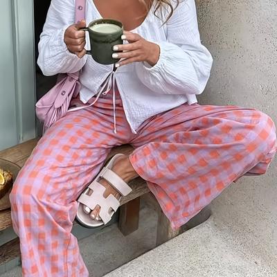 TEMU Women's Print Wide-leg Casual Pants With Pockets - Lightweight Polyester, Loose Fit For Weekend Wear, Casual Attire, Ladies Pant Image