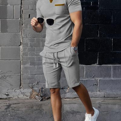 TEMU Men's Casual Summer Two-piece Set - Stylish Golf Shirt With Yellow Pocket Detail & Solid Color Shorts, Sports, Outdoor Activities, And Beach , Outdoor Casual Wear | | Stretchy Fabric Image