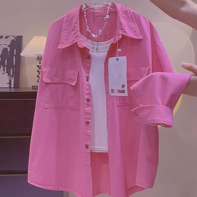 TEMU Women's Chic Green Long Sleeve Shirt - Casual & Comfortable Loose Fit, Embroidered Detail, Spring/fall, Stylish Image