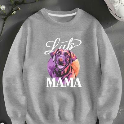 "TEMU Women's Red Watercolor Labrador Dog & "mama" Graphic Crew Neck Sweatshirt - Casual Cozy Pullover For Fall & Spring, Machine Washable, Dog Sweaters, Relaxed" Image