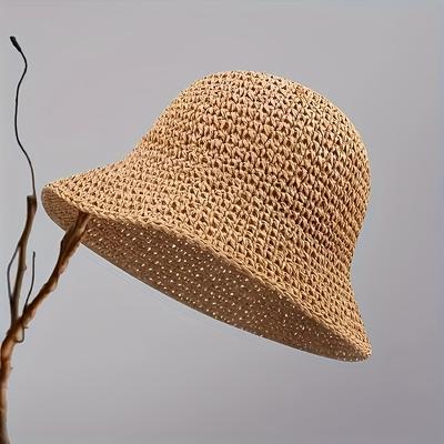 TEMU 1pc Women's Vintage Crochet Straw Bucket Hat - Wide Brim, Foldable & Breathable Fisherman Cap For Summer, Beach, Outdoor Activities, Fishing Hat, Beachwear Essential, Natural Design, Construction Image