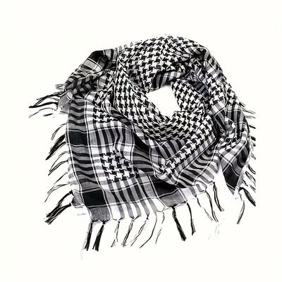 TEMU 1 Cozy Tassel Scarf - Soft Shawl Wrap With Fringe Detailing, Black Beige White Pattern, 100% Polyester, Versatile Fall Accessory For , Stylish Cold , Classic Scarf Design, Soft Polyester Material Image