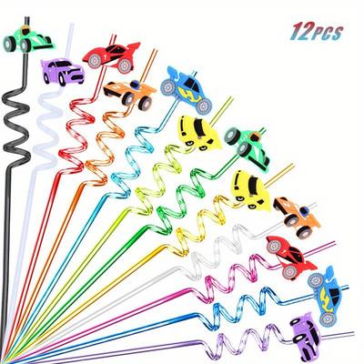 TEMU 12 Pcs Straw, 10.24inch Crazy Loop Straws, Colorful Reusable Spiral Plastic Drinking Straws, Car Theme Party Styling Funny Straws For Party, Christmas Parties, Carnivals, Party Supplies Image
