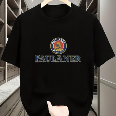 "TEMU Men's Lightweight Summer T-shirt With "paulaner" Graphic Print - Casual Round Neck, Short Sleeve, 100% Polyester, Machine Washable, White" Image