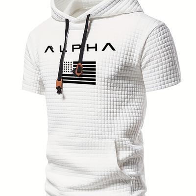 TEMU Alpha Letter Print Men's Short-sleeve Hoodie, Stylish Waffle Slim-fit Casual Wear For Men. Image
