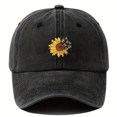 TEMU 1pc Unisex Sunshade Washed Distressed Baseball Cap With Sunflower Pattern For Outdoor Sport, For Gifts Image