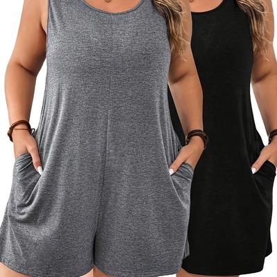 TEMU Women's Plus Size 2pcs Romper Set - Loose Fit, Comfortable & Breathable With Pockets, Spring/summer, Casual Wear|relaxed Fit|pocketed Jumpsui Image