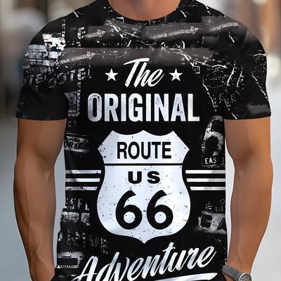 TEMU Men's Retro Graphic T-shirt - Casual Polyester Crew Neck Tee With Vintage Design, Black & White Print, Short Sleeves, Machine Washable Image