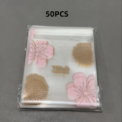 TEMU 50/100pcs Pink Cherry & Sunflower Design Self-adhesive Opp Plastic Bags - Transparent, Reusable Gift Packaging For Holidays, Parties, , Gift Bags Image