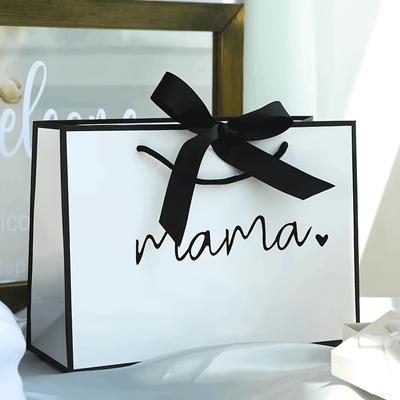 TEMU 1pc Hutyrt Mama Letters Print Tote Bag - Lightweight Foldable Paper Gift Bag With Black Ribbon Handles, Portable Travel & Shopping Bag For Mom, Day Birthday Gifts, Small Tote Bag Image