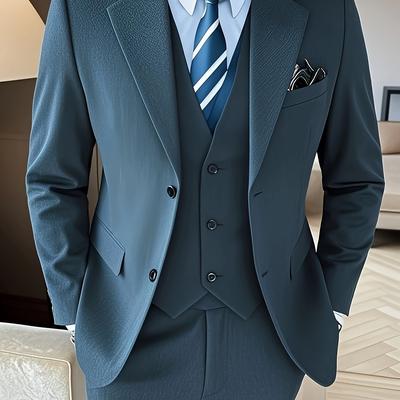 TEMU Men's Elegant Dark Brown Double-breasted Blazer - Slim Fit, Long Sleeve, Polyester, Jacket For Formal & Casual Occasions, No Scarf, Formal Attire|sleek Lapel|polyester Fabric Image