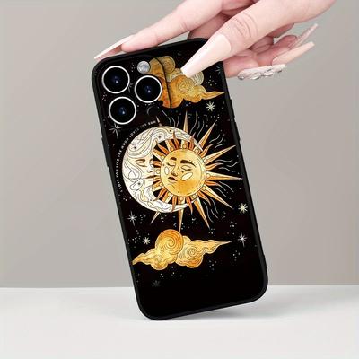 TEMU Creative American Art Oil Painting Sense Black Sun Moon Niche Straight Edge Frosted Black Phone Case For Iphone 15/14/13/12/11 Plus Pro Max Image