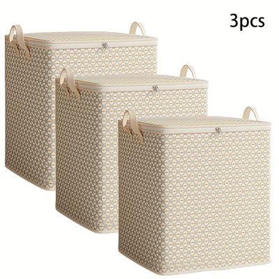 TEMU Pack Of 3 Extra Large 220 Liter Fabric Storage Boxes For Quilts, Sheets, Clothes And Underwear - Portable, Lightweight With Zippers And Handles For Easy Carrying, Laundry Hampers Image