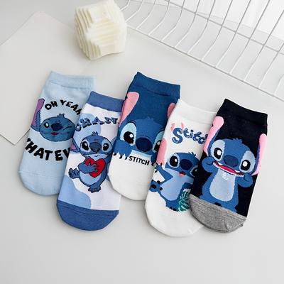 TEMU 5 Pairs Of Stitch Cartoon Socks - Soft Polyester Blend, Machine Washable, Thin Summer Socks For Men And Women, Casual And Comfortable, Casual Wear Socks | Socks | Knit Texture Image