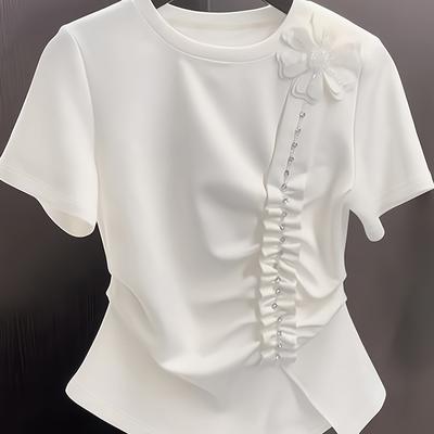 TEMU Elegant Women's Short Sleeve T-shirt With 3d Floral Beaded Detail And Split Hem - Round Neck, Solid Color, Top For Casual Or Formal Wear, Ladies T Shirts Image