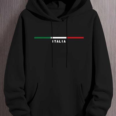 TEMU Italian Flag Print Hoodie, Men's Casual Pullover Sweatshirt With Kangaroo Pockets, , Regular Fit, Polyester Knit, Autumn/winter Season, Crew Neck, Stretch Fabric Image