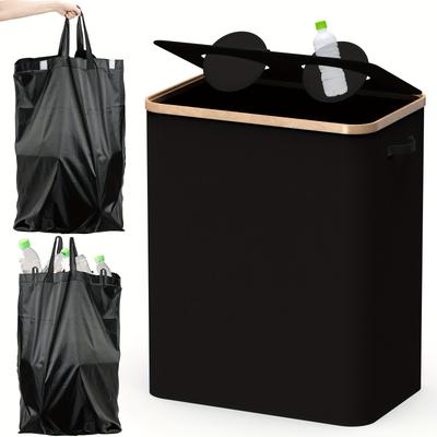 TEMU 1pc Heqishun Bamboo 160l Bottle Return Bin With Lid, Dual Compartment Recycling Container For Kitchen& Storage Room, Non-food Contact Glass& Bottle Collection Box Image