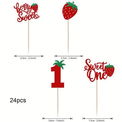 TEMU 12/24pcs Sweet 1 Cupcake Toppers Glitter First Birthday Strawberry Cupcake Picks For Fruit Bb Shower 1st Birthday Cupcake Decorations Party Supplies Image