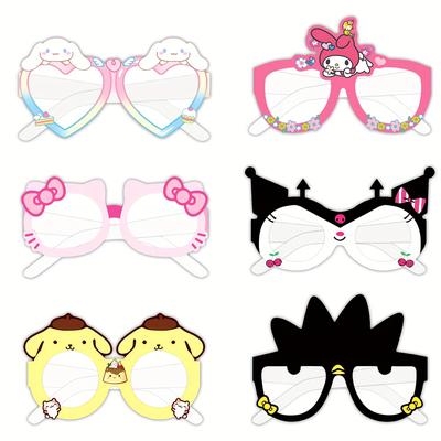 TEMU 12pcs Licensed Birthday Party Glasses Props Set Hello Kitty Kuromi My Melody Cinnamoroll Themed Paper Photobooth Eyewear Decorations With No Feathers For Seasonal Holiday Party Favors Image
