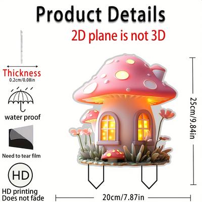 "TEMU 2d Flat, Whimsical Mushroom Cottage Decorative Garden Stake - 9.84"x7.87" Fairy Tale House With Illuminated Windows And Glowing , Outdoor Garden And Patio Decoration, Mushroom Decor" Image