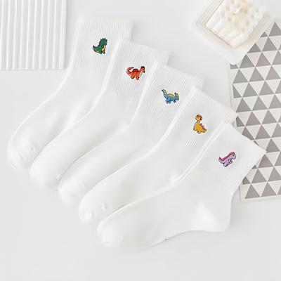 TEMU 5-pack Women's Mid-calf Socks With Colorful Dinosaur Embroidery - Casual & Athletic Ribbed Cuff Socks For Casual Attire, Hand Wash/, Novelty Socks, Soft Fabric Construction Image