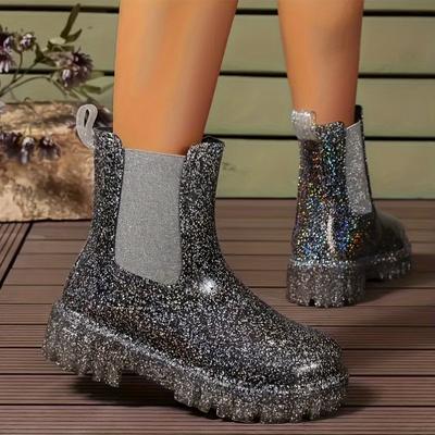 TEMU Women's Fashion Ankle Boots, Solid Color, Slip-on, Round Toe, Mid Heel, Synthetic Upper, Fabric Lining, Rubber Sole, Casual Western Style Image