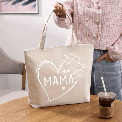 "TEMU "mama" Large Capacity Tote Bag, European/, Oxford Fabric Shoulder Handbag, Casual Travel Duffle With Zipper Closure, Polyester Lining, Hand Washable - White" Image