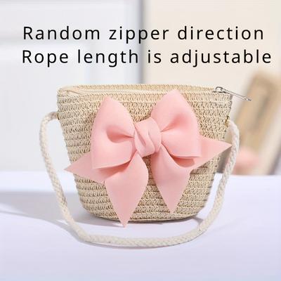 TEMU 1pc Hand-woven Mini Crossbody Bag With Fashion Bow, Zipper Closure, Portable Key Coin Purse, Fabric Material, In White, Beige, Pink Colors Image
