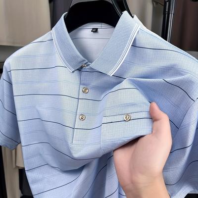 TEMU Men's Casual Summer Shirt With Striped Print, Short Sleeves, And Button-up Front - Lightweight Polyester Fabric, Weekend Casual Wear, Casual Summer Wear | Striped Shirt | Polyester Image