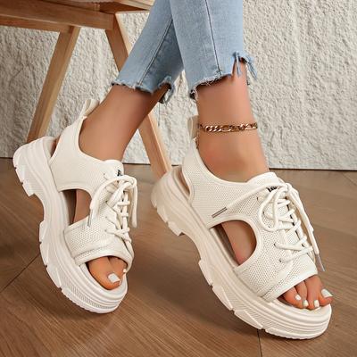 TEMU Women's Summer Mesh Platform Sandals - Casual Open-toe Design With Lace-up Closure, Comfortable Eva Sole, Breathable Knit Upper, White Image