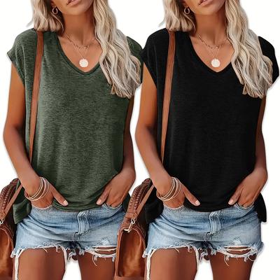 TEMU 2pcs Women's Soft V-neck T-shirts, Solid Color Casual Tees, Breathable & Comfortable For Spring/summer, Everyday Tshirt | Tshirt | , Ladies T Shirts Image