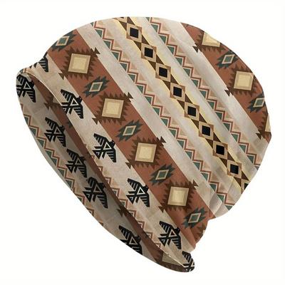 TEMU Tribal Striped Pattern Men's Beanie Cap - Casual Woven Skull Cap For Skiing, Polyester And Elastane Blend, Stretch Fit Image