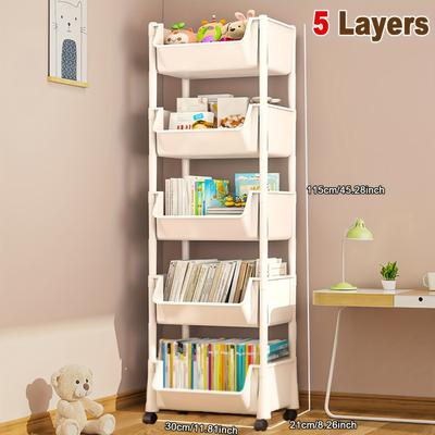 TEMU 5-tier Rolling Bookshelf With Wheels - Removable Drawer Design, Space-saving Storage Rack For Living Room, Bedroom, Office - Durable White Plastic, Portable & Multi-functional, Utility Shelves Image