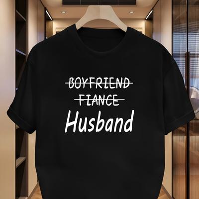 "TEMU Men's Casual "boyfriend Fiance Husband" Graphic Tee - Soft Pink, Short Sleeve, Round Neck, Polyester, Summer Style, Regular Fit, Everyday Tshirt | Text Design | , Plus Size" Image