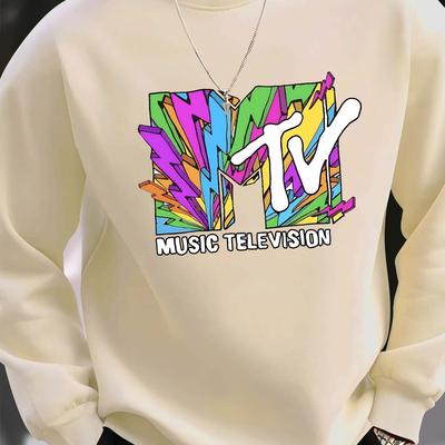 TEMU Men's Mtv Music Television Graphic Neck Sweatshirt - 100% Polyester Knit Casual Long Sleeve Pullover With Stretch Image