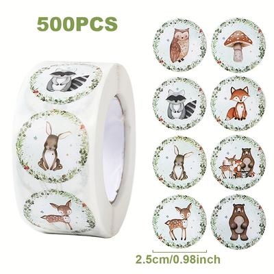 TEMU 500pcs Jungle Animal Sticker Roll - Deer, Fox, Bear, Mushroom & Floral Patterns, Baby Showers, Birthday Parties & Event Decor, Diy Gift Tags | Design | Paper, Animal Stickers Image