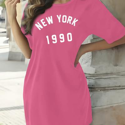 TEMU New Print Tee Dress, Short Sleeve Crew Neck Casual Dress For Summer & Spring, Women's Clothing Image