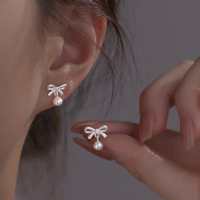 TEMU Pair Of Stylish Minimalist Bowknot Pearl Earrings For Women, Delicate Everyday Trendy Nickel-free Hypoallergenic Studs Gift Image