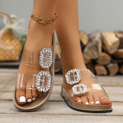 TEMU Women's Casual Versatile Double Strap And Flat Slippers, New Summer Rhinestone Square Outdoor Thick Sole Transparent Image