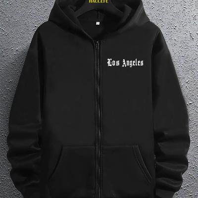 TEMU Men's Casual Zip-up Hoodie With Los Angeles Graphic Print - 100% Polyester, Lightweight 200gsm, Regular Fit, Machine Washable, , Jacket | Urban | Polyester Fiber Hoodie Image